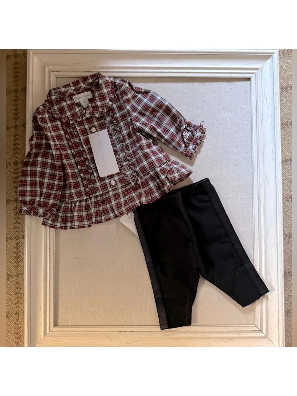 Ralph Lauren Red tartan peplum top w matching tuxedo stripe leggings 3month NWT